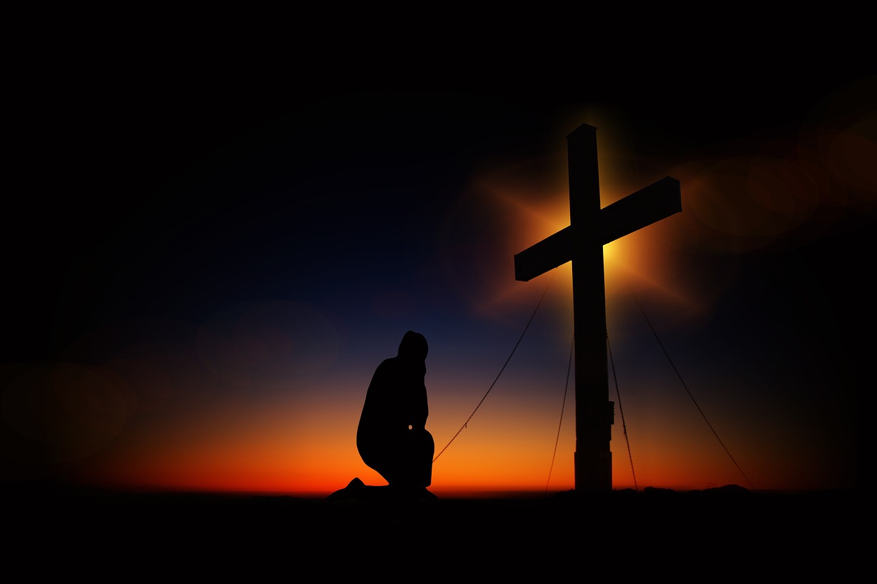 cross, sunset, humility, devotion, silhouette, human, kneeling, knee, pray, worships, prayer, nature, faith, religion, church, symbol, clouds, heaven, christian, crucifixion, quiet, immersion, jesus christ, meditation, jesus, christ, christianity, black, figure